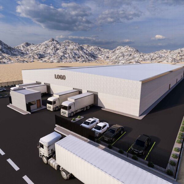 لقطة داخلية واسعة لمصنع المنتجات الهندسية في الرياض تظهر الهيكل المعدني الضخم والأرضيات الخرسانية التي نفذتها إسنادكو.