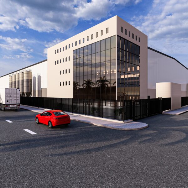 صورة خارجية لمصنع الشرق للتغليف في المدينة الصناعية الثانية بالرياض بمساحة 20,210 م²، يظهر الهيكل المعدني الجاهز المنفذ من قِبل إسنادكو.