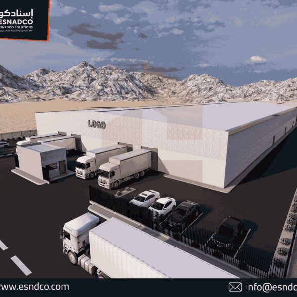 لقطة داخلية واسعة لمصنع المنتجات الهندسية في الرياض تظهر الهيكل المعدني الضخم والأرضيات الخرسانية التي نفذتها إسنادكو.