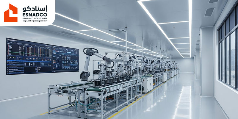 خط إنتاج ذكي داخل مصنع حديث في السعودية يطبق معايير مبادرة مصانع المستقبل والأتمتة الصناعية.